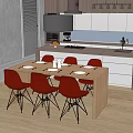 Modern Dining Table Set With Red Chairs Hanging Lamp And Kitchen Cabinets 3d model