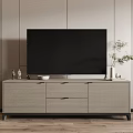 Light Wood TV Stand With Drawers Large Screen TV Top Decorative Items Vertical Striped Wall