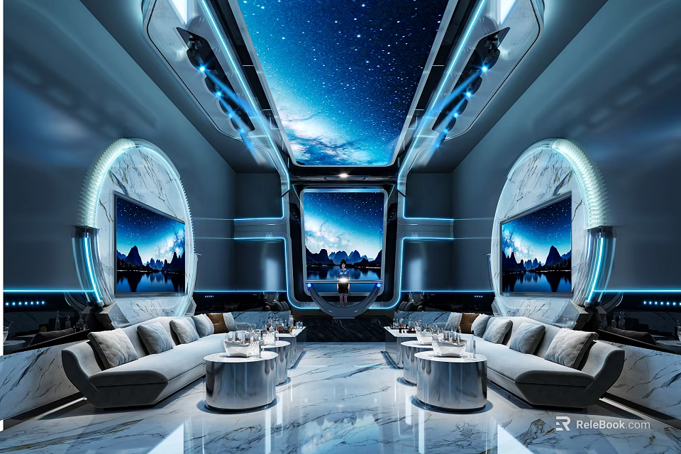 Modern KTV Interior With Starry Sky Ceiling Large Screens Sofas And Marble Floor 3d model 