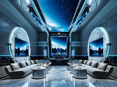 Modern KTV Interior With Starry Sky Ceiling Large Screens Sofas And Marble Floor 3d model