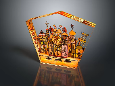 Scenic 3D Decorative Castle Model with Spires Domes and Symmetrical Design in Orange Gold Tones 3d model