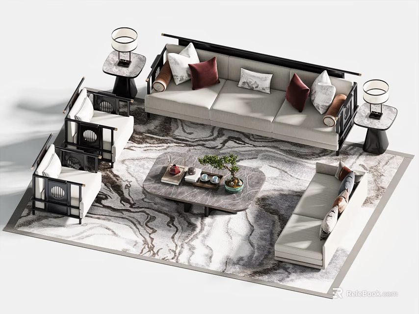 Modern Sofa and Coffee Table Set With Pillows Side Tables Lamps And Marble Texture Rug 3d model