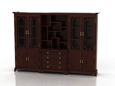 Chinese Style Dark Brown Decorative Cabinet With Glass Doors Drawers And Shelves 3d model