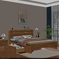 Wooden Double Bed In Modern Bedroom With Storage Headboard Nightstand Lamp Plant And Wall Art