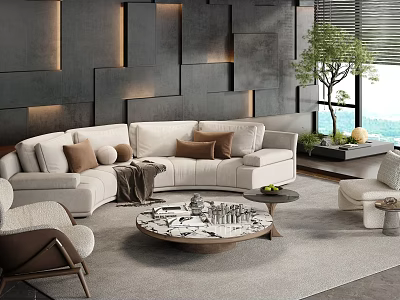 Modern Living Room Interior With White Curved Sofa Brown Cushions Round Marble Coffee Table Dark Geometric Wall And Green Plant 3d model