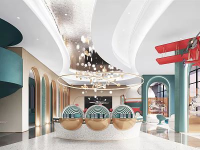 Elegant Modern Sales Office Interior With Curved Ceiling Chandelier Archways And Reception Desk 3d model