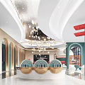 Elegant Modern Sales Office Interior With Curved Ceiling Chandelier Archways And Reception Desk
