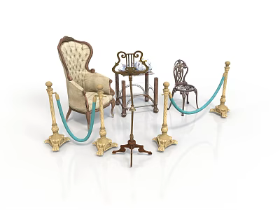 Classical Style Furniture Display With Ornate Armchair Small Round Table Golden Stanchions And Blue Ropes 3d model
