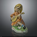 Cute Blonde Child Doll Playing Lute In Orange Dress On Green Base