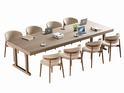 Modern Wooden Conference Table With Beige Chairs Laptops Notebooks Printer And Green Plant 3d model