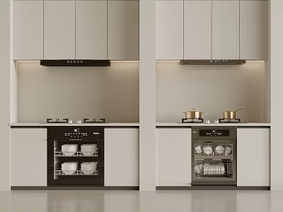 Modern Kitchen Interior With Light Gray Cabinets Built In Oven Dishwasher Cooktop And Range Hood 3d model