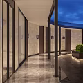 Modern Garden Landscape With Columned Structure Polished Stone Floor Trimmed Shrubs And Evening Lighting