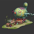Vibrant Cartoon Scene With Colorful Airship Star Patterns Small Shops And Hot Air Balloon