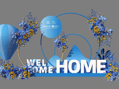Floral Display with Blue Balloon Arches and Welcome Home Sign in Blue Yellow Flowers 3d model