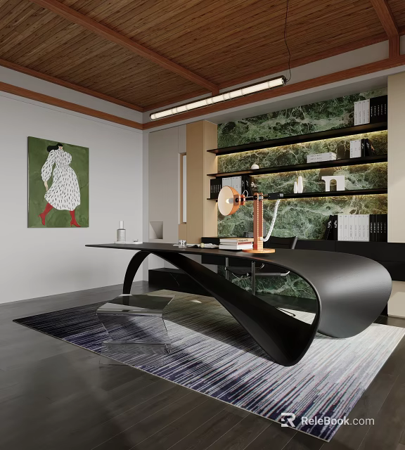 Modern Study Room Interior With Black Curved Desk Transparent Chair And Green Marble Accent Wall 3d model 