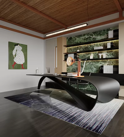 Modern Study Room Interior With Black Curved Desk Transparent Chair And Green Marble Accent Wall 3d model