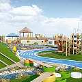 Aerial View Of Recreational Park With Maze Water Pool Curved Track And Playground Areas