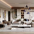 Modern Living Room Interior Design With Sofa Coffee Table Chandeliers Shelves And Plants