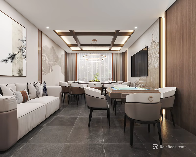Luxurious Private Room With Sofa Dining Mahjong Table And Art Decor 3d model