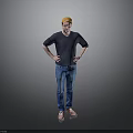 A Man With Hands On Hips In Yellow Cap Dark Blue V-neck T-shirt Blue Jeans