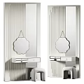 Modern Dressing Table Interior With Striped Wall Round Mirror Drawers And Stool 3d model