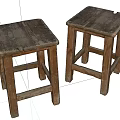 Vintage Wooden Stools With Worn Square Seat And Rustic Design Solid Wood Legs 3d model