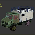 Olive Green And White Military Vehicle With Roof Rack And Cargo Compartment