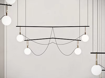 Contemporary Hanging Pendant Light Featuring Sleek Black Metal Frame And Six White Glass Globe Lamps 3d model