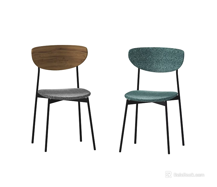 Two Stylish Dining Chairs With Wooden And Green Upholstered Backs And Black Metal Legs 3d model 