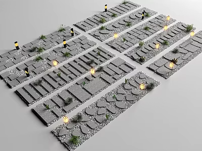 Gray Stone Stepping Path With Various Shapes Neatly Arranged Small Green Plants And Lights 3d model