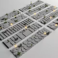 Gray Stone Stepping Path With Various Shapes Neatly Arranged Small Green Plants And Lights
