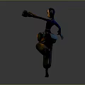 Woman With Headphones In Dynamic Pose Holding Green Device And Orange Waist Bag