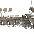 Rustic Wooden Dining Table Set With Woven Pendant Lights And Matching Chairs