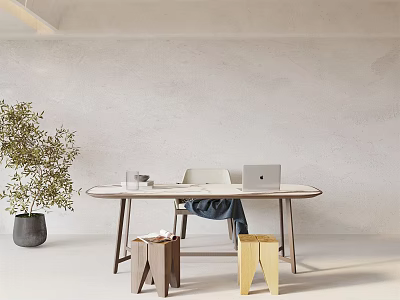 Modern Wooden Desk With Potted Olive Plant And Small Storage Stools 3d model