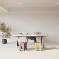 Modern Wooden Desk With Potted Olive Plant And Small Storage Stools