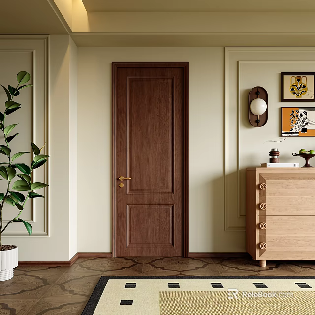 Dark Brown Wooden Hinged Door with Brass Handle Light Colored Walls Wooden Floor Green Plant 3d model 