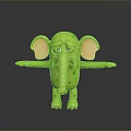 Green Spotted Cartoon Elephant With Big Ears And Sad Expression On Gray Background