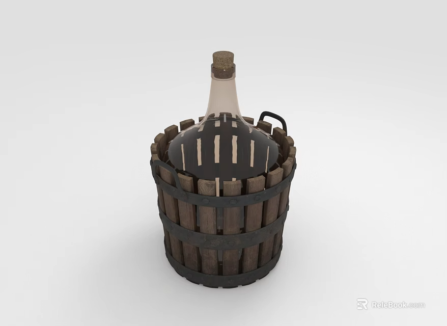 Vintage White Wine Bottle Placed in Dark Wooden Barrel Container With Handle 3d model 