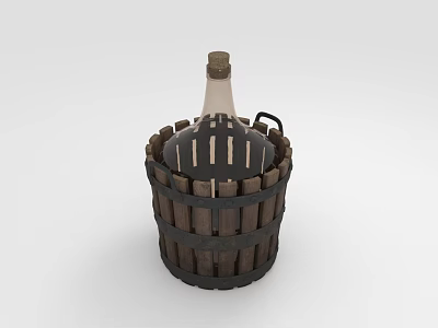 Vintage White Wine Bottle Placed in Dark Wooden Barrel Container With Handle 3d model
