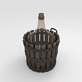 Vintage White Wine Bottle Placed in Dark Wooden Barrel Container With Handle