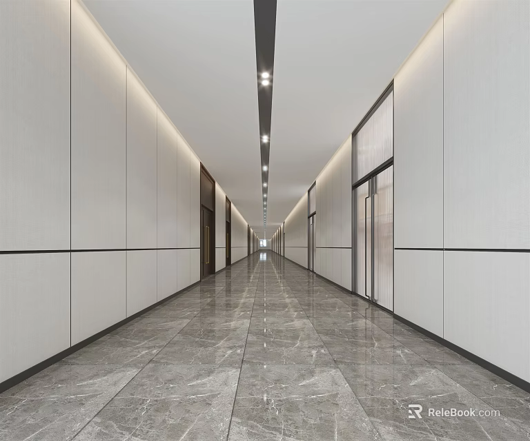 Modern Elevator Hallway Design With White Walls Marble Flooring And Ceiling Lights 3d model