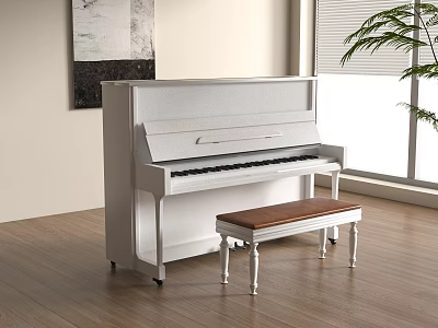 White Upright Piano Interior With Brown Cushion Bench Light Walls Window Green Plant Wooden Floor 3d model