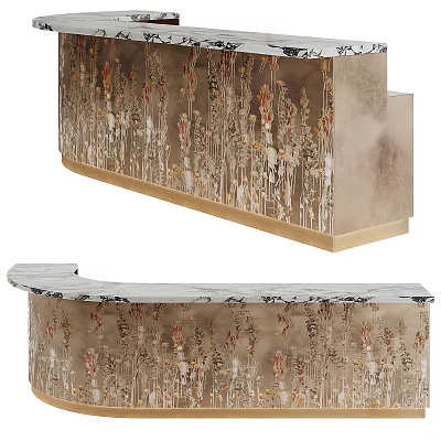 Elegant Modern Reception Desk With Floral Decorative Pattern Gold Frame And Marble Countertop 3d model