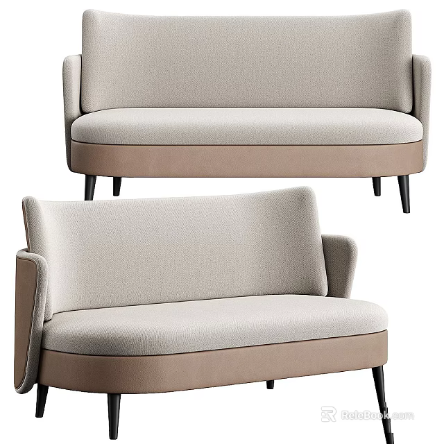 Modern Light Gray Fabric Sofa With Beige Accent Curved Armrest And Black Legs 3d model 
