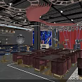 Modern Bar Interior With Red And Blue Lighting Circular Decorations Seating Area 3d model