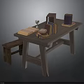 Rustic Wooden Table With Open Book Stacked Books Wine Glass And Stool