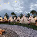 Outdoor Garden Ornaments With White Tents Palm Trees Stone Paths And Wooden Benches