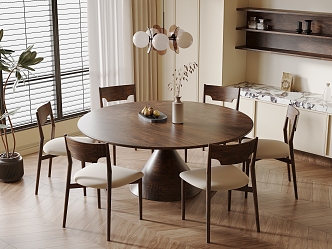 French Middle Style Home Dining Room Solid Wood Round Dining Table and Chair Combination Solid Wood Backrest Dining Chair Six-seat Cabinet Chandelier Vase Potted Plant Blinds Curtain Wood Floor 3d model