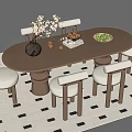 Oval Wooden Dining Table with Beige Cushioned Chairs Vase Flowers Fruit Nuts on Checkered Rug