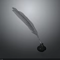 Long White Feather And Small Black Ink Bottle On Dark Surface For Writing Supplies
